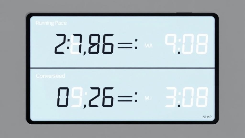 러닝 페이스와 속도 계산 방식을 시각적으로 나타낸 디지털 디스플레이 화면