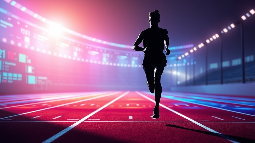 러닝 트랙 위에서 달리는 모습과 디지털 기록 측정 환경을 보여주는 이미지